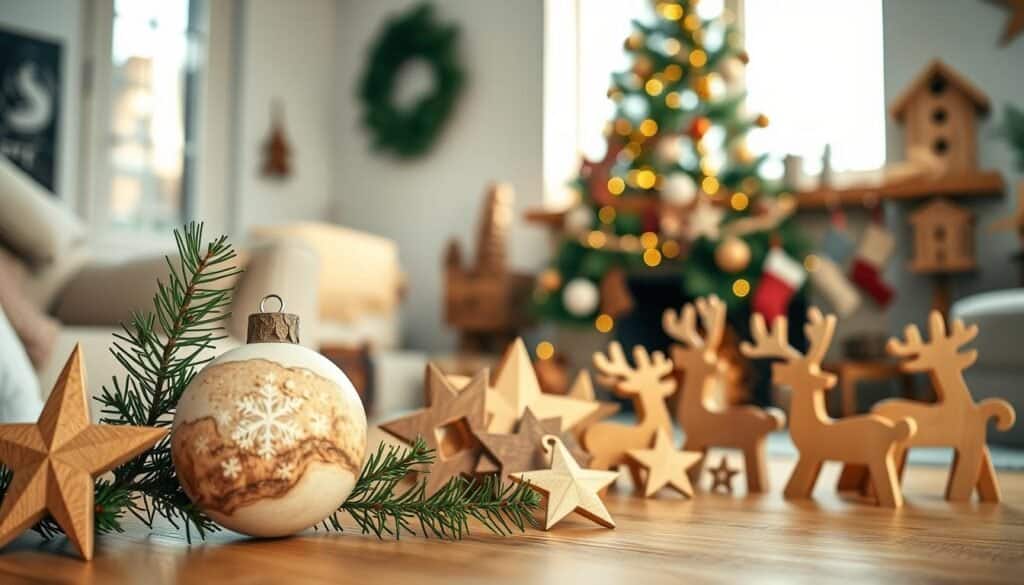 A beautifully arranged display of wooden Christmas decorations, featuring handcrafted ornaments like stars, snowflakes, and rustic reindeer, all made from various types of wood with natural finishes. In the foreground, a close-up of a hand-painted wooden ornament sits next to a small evergreen branch. The middle ground features a soft-focus view of a cozy living room with a decorated Christmas tree adorned with similar wooden elements, bathed in warm, soft sunlight filtering through a window. The background is filled with a subtly decorated fireplace, enhancing the festive atmosphere. The overall mood is warm and inviting, ideal for the holiday season, capturing the charm of DIY wood craftsmanship in a serene setting.