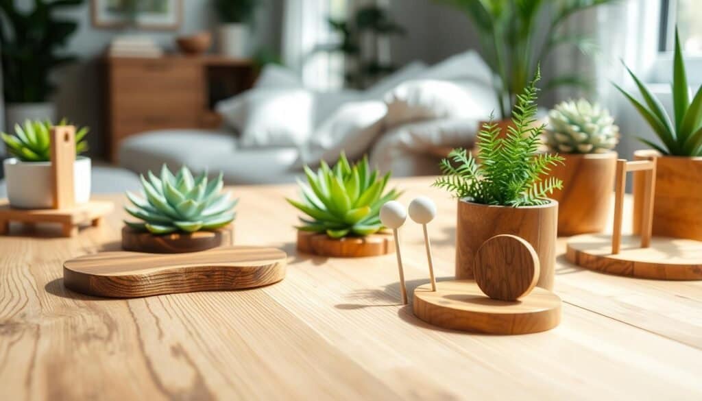 A beautifully arranged flat lay of wooden plant accessories, including a handcrafted wooden plant stand, minimalist wooden coasters, and delicate wooden plant markers. The foreground features textures of the wood with a natural grain, enhancing their organic feel. In the middle ground, vibrant green plants like succulents and ferns are elegantly styled, showcasing their individuality against the warm wood tones. The background is softly blurred, with hints of a bright, sun-soaked room, allowing soft sunlight to gently illuminate the scene, creating an airy atmosphere. The composition focuses on the harmony between wood and greenery, evoking a cozy and inviting mood perfect for plant styling enthusiasts.
