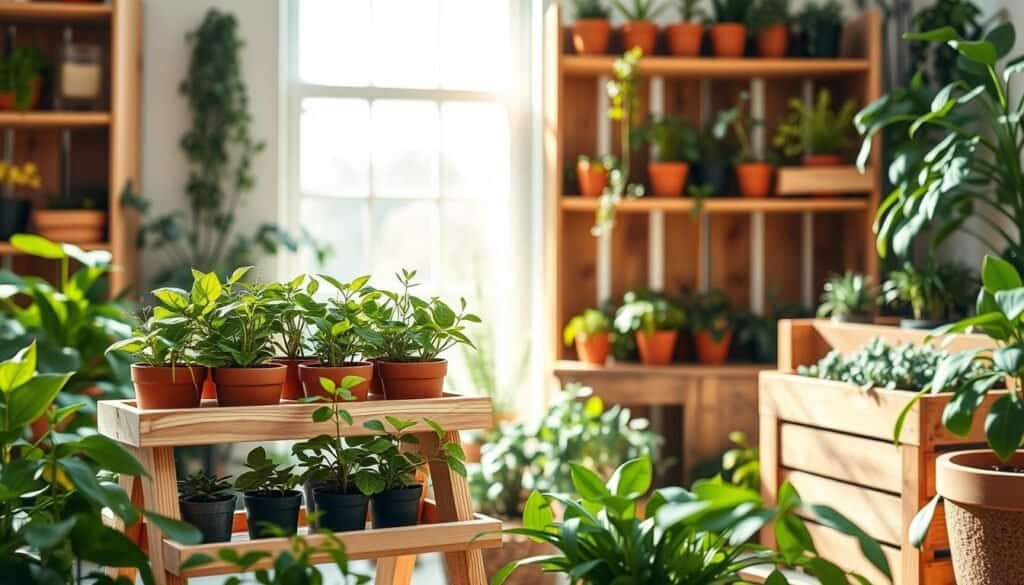 A beautifully arranged indoor garden scene showcasing various DIY wood accents that harmonize with lush green plants. In the foreground, feature a handcrafted wooden plant stand made from natural wood, displaying a variety of small potted plants with vibrant leaves. In the middle ground, include a rustic wooden shelf filled with an assortment of herbs in terracotta pots, complemented by wooden plant boxes. The background reveals a bright window allowing soft sunlight to filter through, casting a warm glow over the room. Use bright, natural lighting to create an airy atmosphere, and capture the scene from a slightly elevated angle to emphasize depth and layering. The overall mood should be inviting and tranquil, focusing on a stylish yet organic aesthetic perfect for plant enthusiasts.