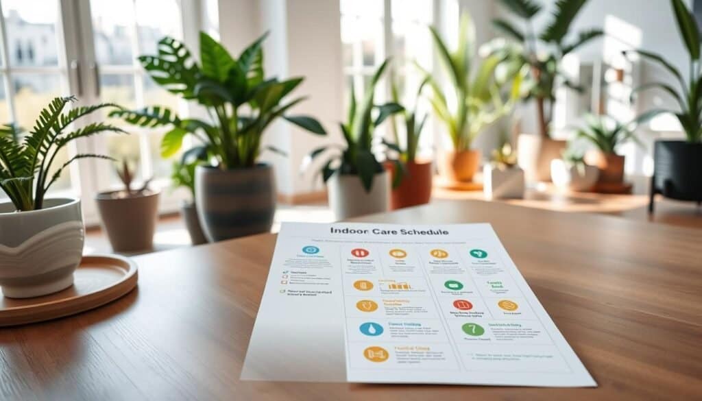 A beautifully arranged indoor plant care schedule displayed on a stylish wooden table, surrounded by various lush houseplants in decorative pots. In the foreground, a detailed, colorful care guide featuring icons for watering, fertilizing, and sunlight requirements, printed on high-quality, matte paper. The middle ground showcases a serene living space with floor-to-ceiling windows, allowing bright, natural light to filter in, casting soft shadows. In the background, hints of potted ferns and snake plants create a vibrant, green atmosphere. The overall mood is calm and inviting, emphasizing the importance of nurturing indoor greenery. The image is well-lit, capturing the texture of the wood and the vivid colors of the plants, conveying a sense of peace and rejuvenation.