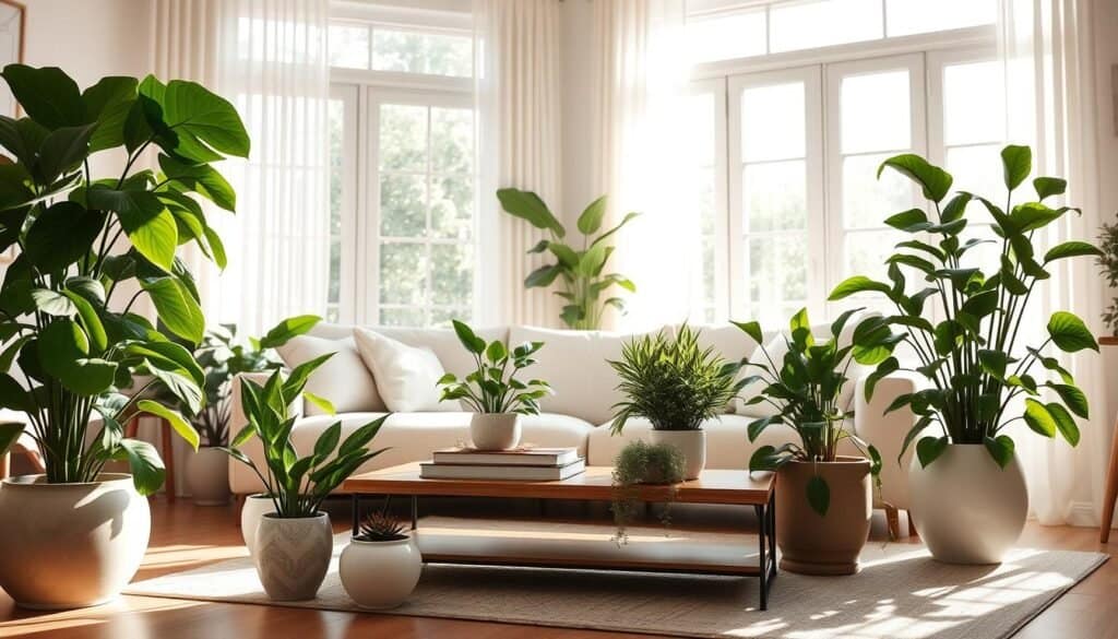 A beautifully arranged indoor plant decor scene in a cozy living space. In the foreground, a variety of vibrant green houseplants in elegant ceramic pots, including a tall fiddle leaf fig, cascading pothos, and a bushy snake plant. The middle ground features a stylish wooden coffee table adorned with small succulents and a decorative book. In the background, large windows invite soft, natural sunlight, creating an airy atmosphere. Sunlight filters through sheer curtains, casting warm, inviting shadows. The room is softly decorated with neutral-toned walls and light wood accents, evoking a refreshing and rejuvenating mood. The focus is on the harmony of plants and decor, emphasizing the importance of greenery in enhancing light and comfort in indoor spaces.