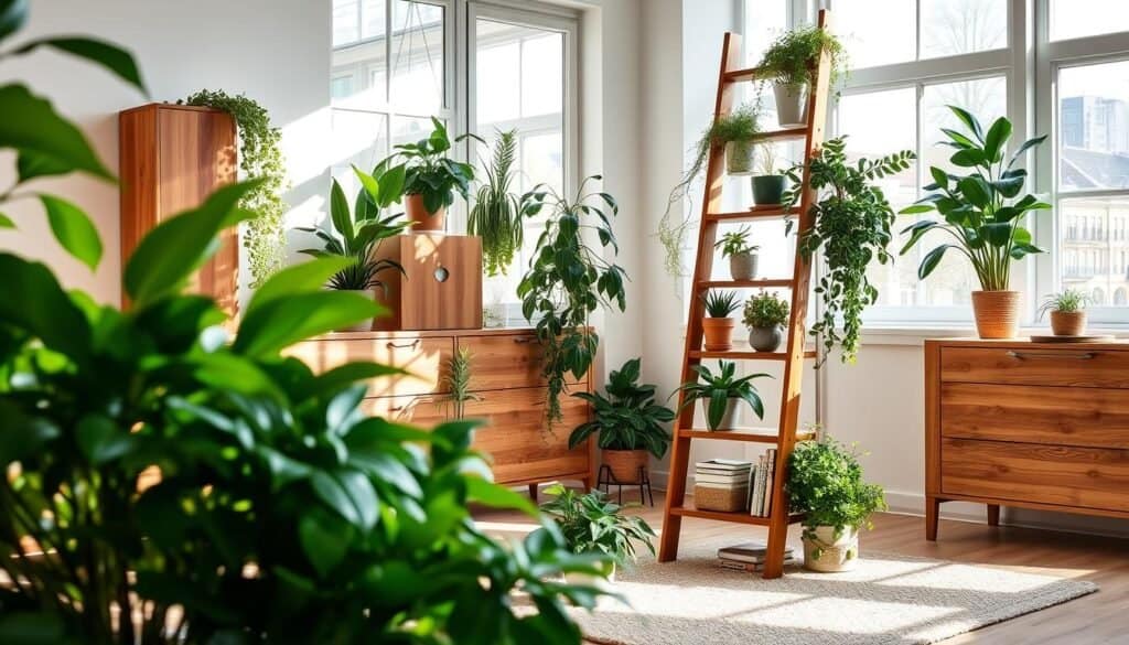 A beautifully arranged indoor scene featuring a ladder-style wooden plant stand as the focal point, elegantly showcasing a variety of vibrant indoor plants. The foreground displays rich green foliage, with plants in decorative pots cascading down the versatile ladder structure. In the middle, the wooden stand, stained in a warm oak hue, features multiple levels, each artistically arranged for visual balance. The background includes a softly lit, airy room with natural light streaming in through large windows, enhancing the serene atmosphere. Subtle shadows play across the wooden surfaces, creating depth. A cozy, neutral-toned rug lies on the floor, adding warmth to the space. Overall, the image conveys a peaceful, inviting vibe, perfect for plant enthusiasts seeking stylish display ideas.