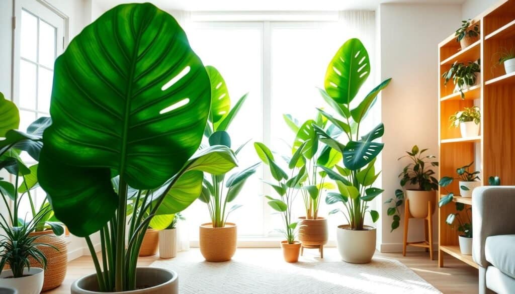 A beautifully arranged indoor space featuring an array of statement plants as focal points. In the foreground, a large monstera leaves, with its distinct split leaves, placed in a modern ceramic pot. The middle ground showcases tall, elegant fiddle leaf figs positioned symmetrically on each side of a large window, allowing soft, natural sunlight to filter in. The background includes a warm wooden shelving unit with smaller plants like a snake plant and a pothos, creating a harmonious balance. The room has bright, airy decor with neutral tones, emphasizing a welcoming atmosphere. The lighting is bright but soft, enhancing the greenery. The image captures a cozy yet sophisticated environment, perfect for conveying the aesthetic appeal of integrating nature into home design.