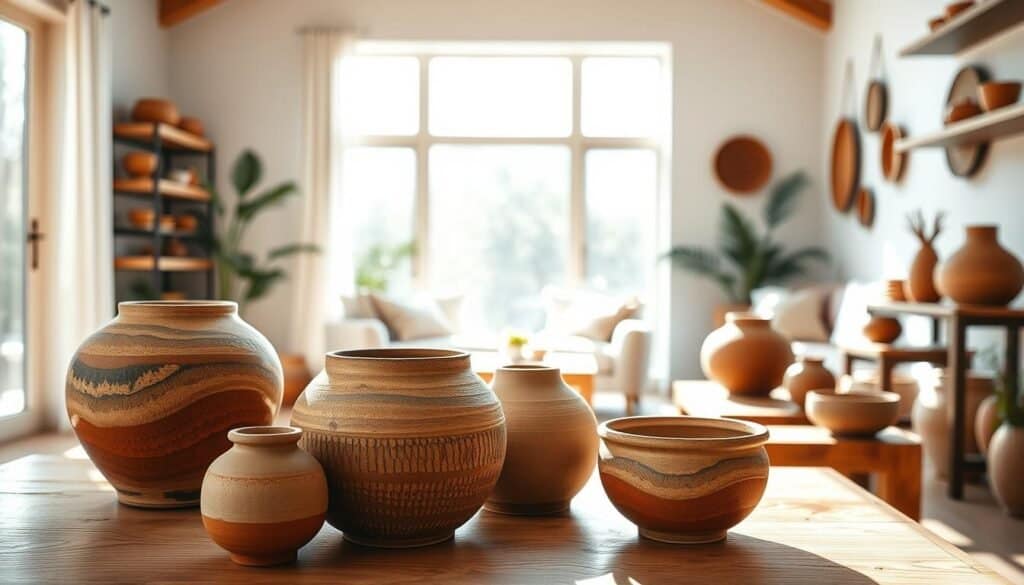 A beautifully arranged interior showcasing clay ceramics as a focal point, highlighting handcrafted pots, vases, and bowls on wooden shelves and tables. In the foreground, intricate textured pottery with warm earth tones, some with glazing, resting on a hand-finished wooden table. The middle ground features a soft, airy living space with natural light pouring in through large windows, casting gentle shadows. The background presents a light, neutral-colored wall adorned with a few ceramic wall art pieces, enhancing the warm ambiance. The overall mood is serene and inviting, emphasizing the uniqueness of natural materials. Capture this scene with bright, soft sunlight illuminating the room, using a wide-angle lens for a spacious feel.