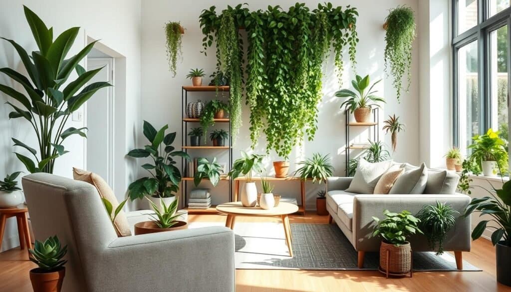 A beautifully arranged living room showcasing various plant placement strategies for maximum impact. In the foreground, a cozy armchair adorned with a small potted succulent beside it. The middle ground features a stylish coffee table with a larger leafy plant and a decorative vase, while the background displays a tall shelf filled with cascading ivy and other houseplants, creating a vibrant green backdrop. Bright natural light floods the space, casting soft shadows and highlighting the textures of the plants and furnishings. The atmosphere is airy and inviting, reflecting a serene and human-centered home environment. The composition captures a warm aesthetic with a focus on harmonious integration of plants into modern décor, emphasizing comfort and liveliness in the, well-lit setting.