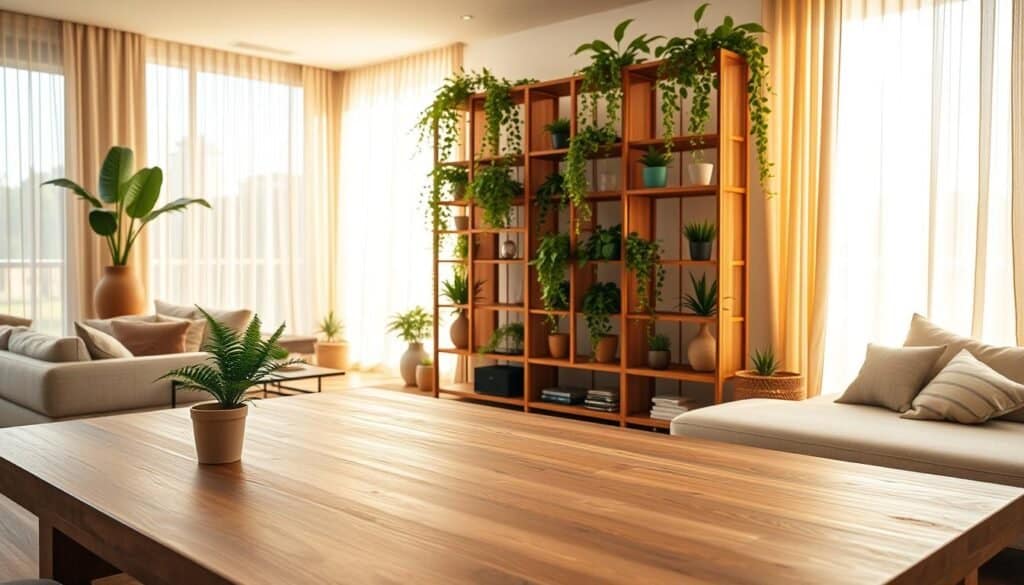 A beautifully arranged living space featuring elegant wooden furniture that radiates warmth. In the foreground, a large, inviting wooden dining table with a natural finish, adorned with a small potted fern. In the middle ground, a stylish wooden plant shelving unit filled with various lush green plants cascading gracefully, contrasting with the earthy tones of the wood. The background showcases a softly lit room with warm sunlight filtering through sheer curtains, creating an airy and serene atmosphere. The overall mood is calm and inviting, emphasizing the connection between natural elements and home decor. The scene is captured with a wide-angle lens to enhance depth and perspective, showcasing the harmonious blend of wood and plants in a tranquil setting.