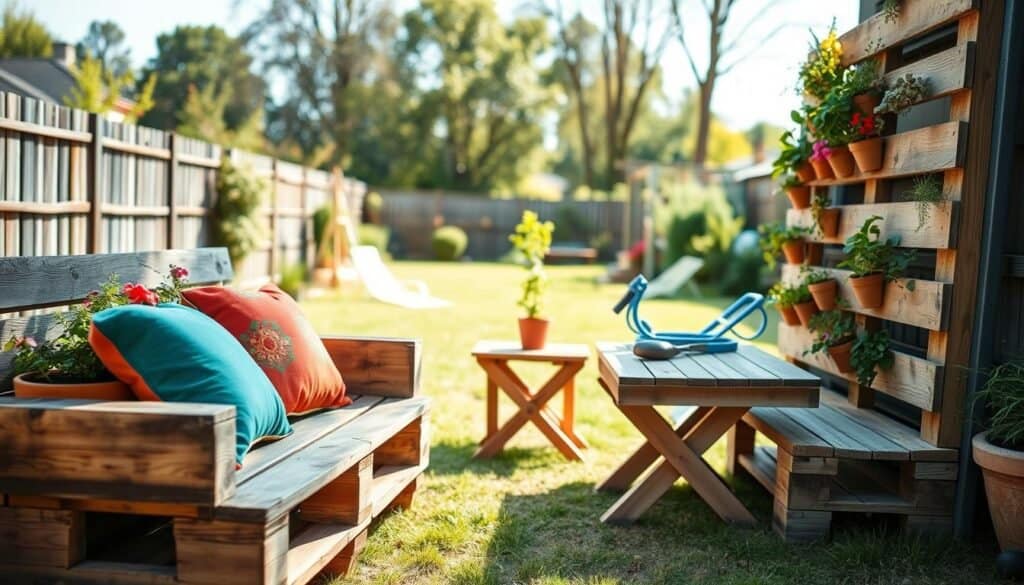 A beautifully arranged outdoor scene showcasing various DIY pallet projects that enhance garden aesthetics. In the foreground, a rustic wooden pallet bench adorned with vibrant cushions invites relaxation. On one side, a vertical pallet garden filled with colorful flowers and herbs adds a touch of greenery. In the middle, a table made from repurposed pallets holds a small potted plant and some gardening tools, emphasizing the DIY theme. The background features a soft-focus view of a sunlit backyard with trees and a clear blue sky, illuminated by bright, natural light. The atmosphere is warm and inviting, conveying a sense of creativity and outdoor transformation, captured from a slightly elevated angle to showcase the different levels and textures of the pallets.