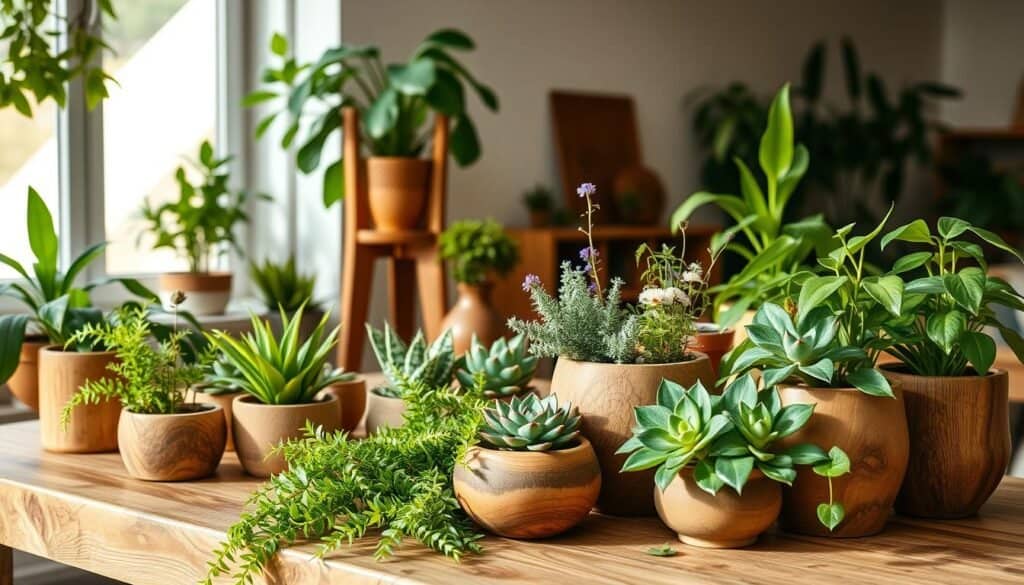 A beautifully arranged plant display featuring various green houseplants in natural wood containers on a rustic wooden table. In the foreground, a lush fern and bright succulents in handmade wooden pots, showcasing the rich grains of the wood. The middle ground features a tall, elegant wooden plant stand holding a vibrant monstera, surrounded by smaller potted herbs and flowers in natural wood vessels. In the background, soft sunlight streams through a large window, illuminating the scene and casting delicate shadows. The atmosphere is warm, inviting, and tranquil, emphasizing the natural appeal of wood in home décor. Shot with a soft focus and a warm color palette, creating a calming ambiance that highlights the beauty of both the plants and the wood.