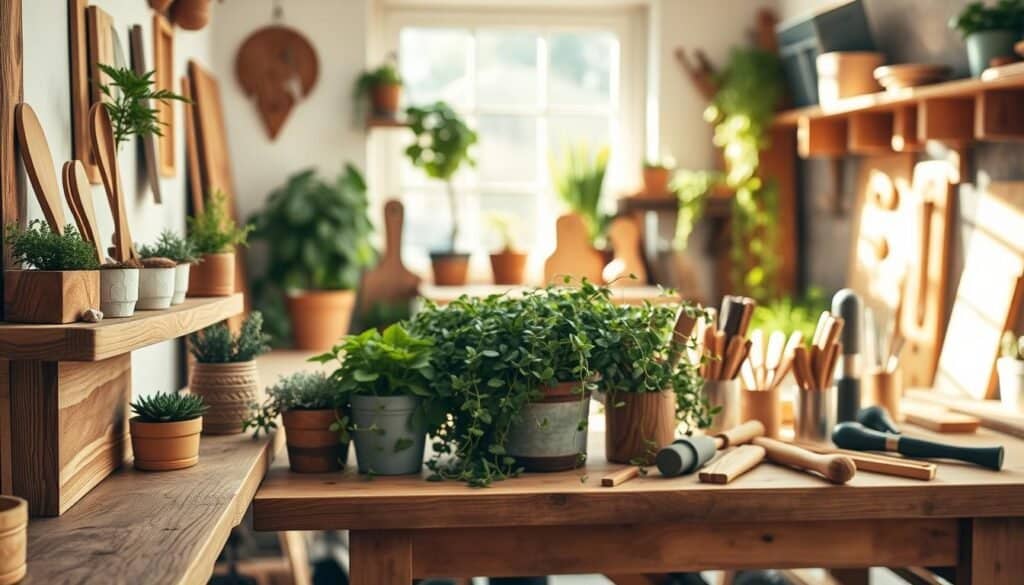 A beautifully arranged scene featuring diverse DIY projects that incorporate wood and greenery. In the foreground, display a rustic wooden shelf adorned with small potted plants, herbs, and a handcrafted wooden utensil holder. The middle ground showcases a wooden table set with a vibrant arrangement of greenery, including succulents and trailing vines, alongside various woodworking tools. In the background, a sunlit window fills the space with soft, natural light, highlighting the textures of the wood and plants. The atmosphere is warm and inviting, evoking a sense of creativity and tranquility in a home workshop. Use a 50mm lens for a clear focus, with soft bokeh for a dreamy effect.