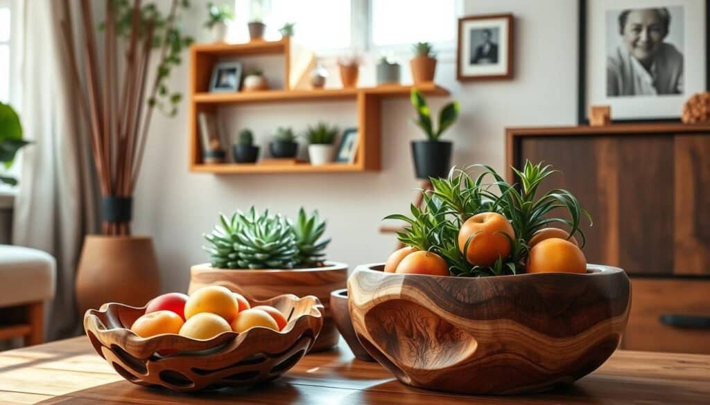 A beautifully arranged scene showcasing a variety of decorative wood projects in a cozy, well-lit home setting. In the foreground, display an intricately carved wooden bowl filled with colorful fruits, accompanied by a stylish wooden planter with lush green plants. In the middle, showcase a handcrafted wall shelf adorned with potted succulents and framed photographs, all made of rich, polished wood. The background features soft natural light streaming through a window, illuminating the warm hues of the wooden furniture. The atmosphere is inviting and peaceful, emphasizing the charm of small wood projects that enhance home décor. Capture this scene with a slightly angled perspective, highlighting the details and textures of the wood, while ensuring a bright and airy mood.