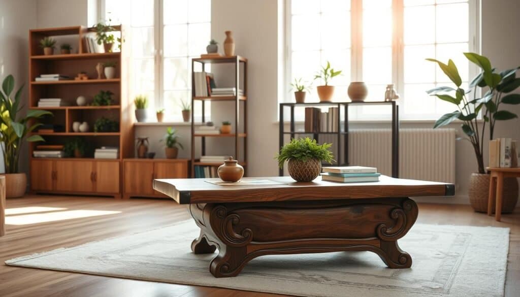 A beautifully arranged scene showcasing timelessly stylish woodcrafts, featuring a handmade wooden coffee table with intricate carvings in the foreground. The middle ground includes a set of versatile wooden shelves adorned with potted plants and decorative books, emphasizing functional elegance. In the background, softly lit large windows allow warm, natural sunlight to illuminate the space, creating an airy atmosphere. The lighting highlights the rich textures of the wood, enhancing the craftsmanship's detail. The overall mood is inviting and serene, evoking a sense of comfort and lasting appeal. Shot from a slightly elevated angle to capture the depth of the arrangement, ensuring a clean and polished look without any distractions.
