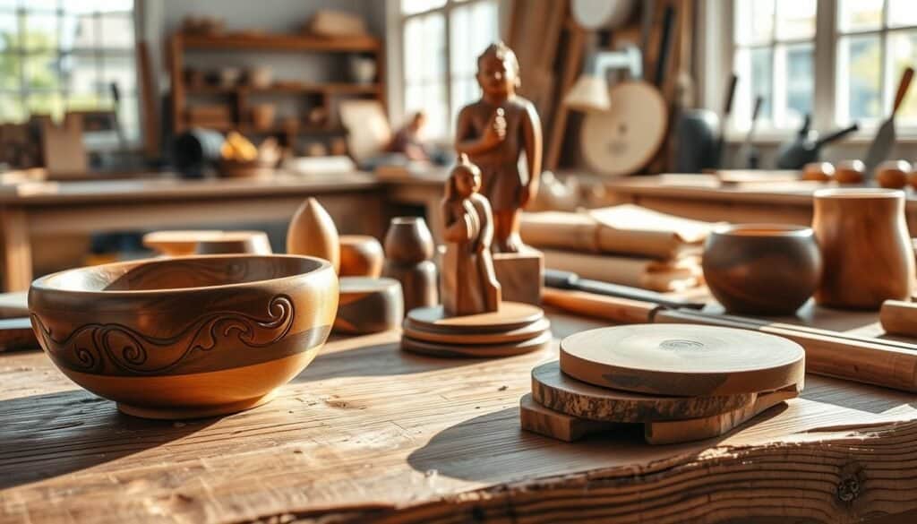 A beautifully arranged selection of handmade wooden crafts displayed on a rustic wooden table. In the foreground, a finely crafted wooden bowl with intricate carvings glistens in the soft sunlight, along with a set of beautifully finished coasters made from rich walnut wood. In the middle ground, a hand-carved wooden figurine showcases the artistry of woodworking, surrounded by tools such as chisels and sandpaper, hinting at the crafting process. In the background, a bright, airy workshop filled with natural light filters through large windows, illuminating the warm tones of the wood. The atmosphere conveys a sense of tranquility and satisfaction, inviting viewers to appreciate the enduring appeal of handcrafted wooden creations.