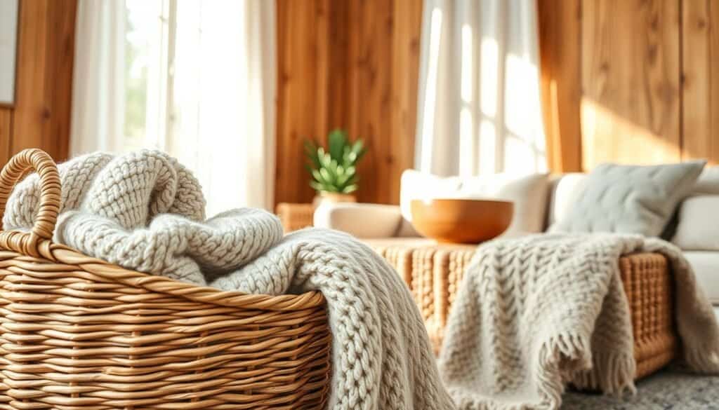 A beautifully arranged vignette showcasing various textural elements that create dimension in a living space. In the foreground, a woven rattan basket filled with soft, fluffy throw blankets in muted pastel colors. The middle layer features a textured wooden coffee table topped with a small potted succulent and a handmade ceramic bowl, reflecting subtle glimmers of light. In the background, a light, airy window allows bright natural sunlight to filter through sheer curtains, casting gentle shadows and highlighting the rich textures of the wall's wood paneling. The scene embodies warmth and tranquility, evoking a sense of comfort and inviting ambiance, with a focus on earthy tones and organic materials. The overall mood is serene and homely, captured in soft, diffused lighting with a slightly elevated angle.