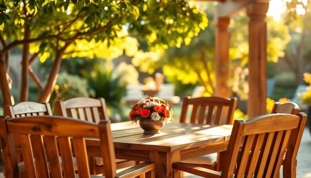 A beautifully arranged wooden patio set featuring a rustic dining table surrounded by comfortable, slatted wooden chairs with soft cushions. The scene captures the inviting atmosphere of a cozy patio, illuminated by warm, golden sunlight filtering through the leaves of nearby trees. In the foreground, a decorative centerpiece with vibrant flowers sits atop the table. The middle ground showcases the wooden furniture against a backdrop of lush greenery, creating a serene outdoor environment. The background reveals a soft-focus view of a garden, enhancing the sense of tranquility. The overall mood is warm and inviting, perfect for relaxed gatherings. The image should be brightly lit, conveying a natural, airy feel, captured from an angle that highlights the beauty and craftsmanship of the wooden furniture.