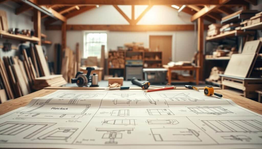 A beautifully arranged workspace showcasing detailed wood project plans on a large drafting table. In the foreground, blueprints and sketches of innovative DIY wood projects are spread out, highlighting practical designs like a shoe rack, a wall-mounted coat hanger, and a multifunctional storage bench. In the middle, a set of high-quality woodworking tools—like a circular saw, chisels, and a tape measure—are neatly organized. The background features a bright, airy workshop bathed in soft natural light, with wooden beams and shelves filled with wood planks and finished projects. The mood is creative and inspirational, inviting viewers to imagine tackling their own small daily annoyances with these wood solutions. The image is bright and inviting, with a shallow depth of field drawing focus to the plans.