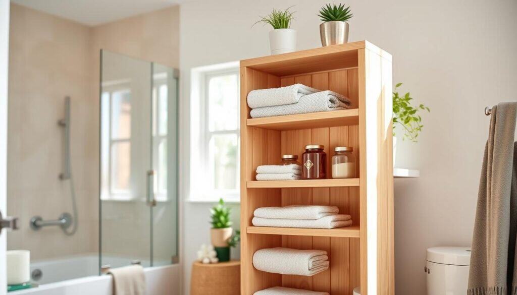 A beautifully crafted DIY bathroom storage tower made from light-colored wood, featuring multiple shelves and stylish decorative accents. In the foreground, focus on the tower displaying neatly organized bath essentials like towels, toiletries, and decorative jars. The middle layer showcases the elegant structure of the tower against a clean, modern bathroom backdrop with neutral tones. In the background, include subtle hints of greenery, like potted plants or a small window allowing bright, soft sunlight to illuminate the scene. Capture the vibrant atmosphere of a functional yet inviting space, utilizing natural light to enhance the warm wood textures and the overall tidy aesthetic. The angle should be slightly above eye level, highlighting both the storage tower and the organized bathroom environment.
