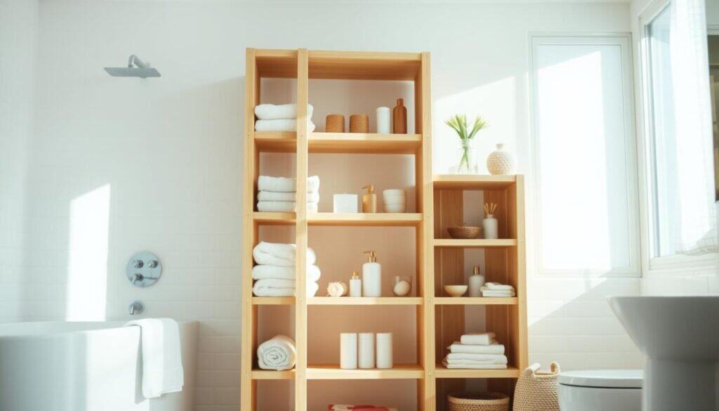 A beautifully crafted DIY bathroom storage tower made of light-colored wood, showcasing multiple open shelves and a minimalist design that emphasizes clean lines. The tower is positioned prominently in a bright, airy bathroom with soft sunlight filtering in through a window, highlighting the wood’s natural grain and texture. In the foreground, there are neatly organized bathroom essentials like towels, toiletries, and decor items placed on the shelves, enhancing the sense of order and functionality. The background features white and pastel-colored tiles, adding a serene touch to the environment. The image captures a tranquil atmosphere, embodying the calmness brought by well-designed woodworking projects. Shot from a slight angle to provide depth and perspective, ensuring a clear and inviting composition that emphasizes the storage tower as a central focus.