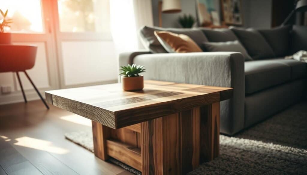 A beautifully crafted DIY couch end table made from reclaimed wood, showcasing a rustic yet modern design. The table stands next to a cozy fabric sofa in a bright, airy living room. In the foreground, the table features smooth edges, a natural wood grain finish, and a small potted plant atop it for a touch of greenery. The middle ground captures the dimly-lit living space with warm, soft sunlight streaming through a nearby window, illuminating the wood's texture. The background elements include a simple decorative wall and a plush rug, enhancing the cozy atmosphere. The image is shot from a slightly elevated angle, creating a dynamic perspective and emphasizing the table's practicality and charm in a home setting.