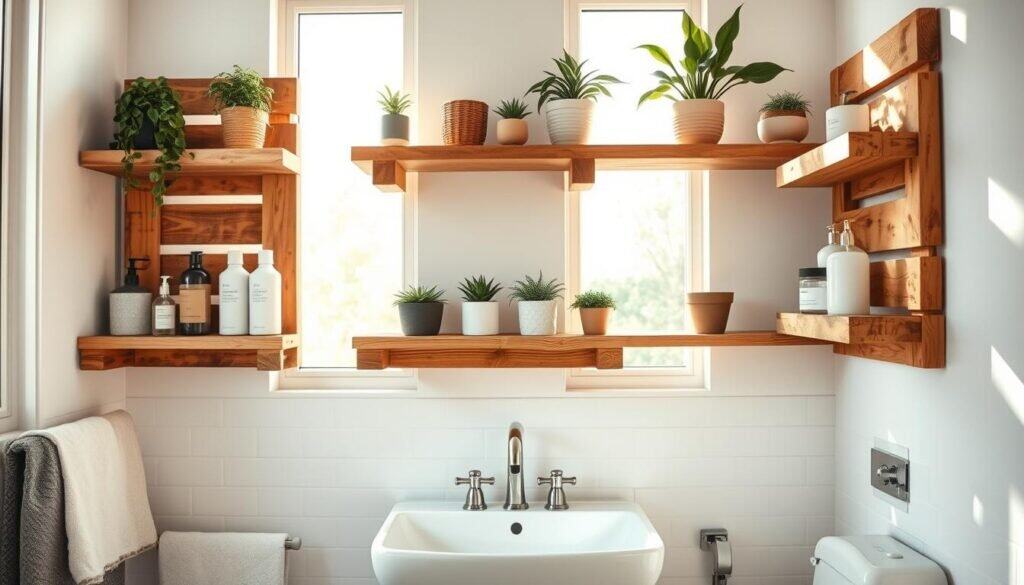 A beautifully crafted DIY pallet bathroom shelf set against a serene, light-filled bathroom. The shelves showcase an array of stylishly arranged toiletries and decorative plants, emphasizing the charm of upcycled wood. In the foreground, the natural texture of the wooden pallets is highlighted, showcasing their rustic character. The middle ground features a sleek, modern sink with subtle vintage accents, complementing the shelves. The background reveals soft, bright white walls and large windows allowing warm, natural sunlight to cascade into the space, enhancing the inviting atmosphere. The composition captures a cozy and organized small bathroom environment, evoking a sense of DIY creativity and practical elegance.