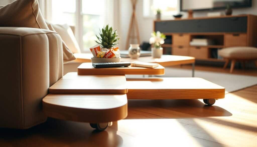A beautifully crafted DIY sliding couch side table, made from warm, natural wood. The table features a smooth, minimalist design, with rounded edges and hidden wheels for easy sliding. In the foreground, display the table next to a cozy sofa, topped with snacks and a remote control, suggesting its practical use. In the middle ground, emphasize the rich wood texture and a small potted plant for a touch of greenery. The background showcases a bright living room bathed in soft, natural sunlight, highlighting the airy atmosphere and inviting décor. Use warm, welcoming lighting to create a homey feel, captured from a slightly angled perspective to enhance depth and dimension. The overall mood conveys comfort and functionality, perfect for an everyday living space.