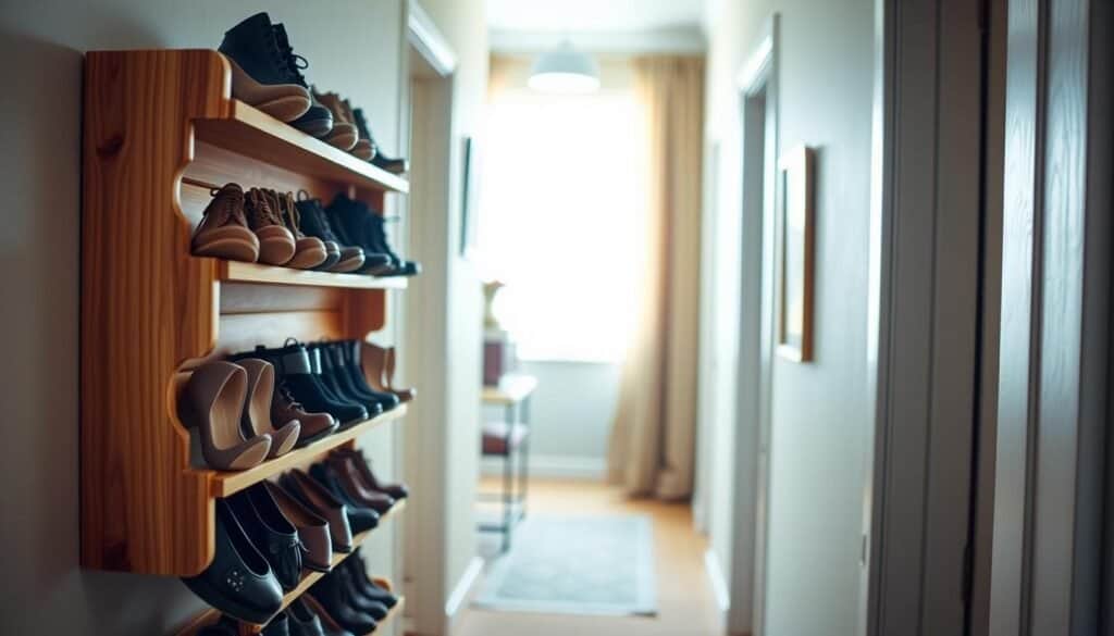 A beautifully crafted DIY wall-mounted shoe rack made from natural wood, displaying an organized arrangement of various stylish shoes. The foreground features the shoe rack, showcasing its sturdy design and warm wood grains, while the middle area includes a softly lit hallway with minimal decor. The background reveals a cozy home environment with gentle, airy lighting filtering through a nearby window, bathing the scene in a natural glow. The camera angle is slightly elevated, capturing both the rack and the inviting space around it. The mood conveys a sense of satisfaction and functionality, emphasizing the joy and practicality of a well-implemented DIY wood project.