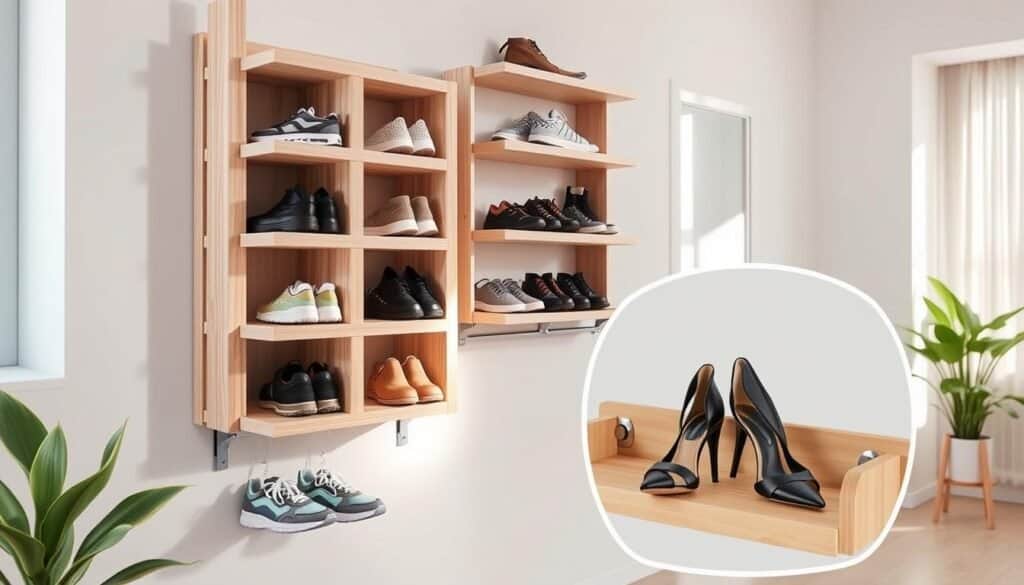 A beautifully crafted DIY wall-mounted shoe rack made of light-colored wood, featuring multiple stylish shelves filled with an assortment of shoes in an organized manner. The rack is positioned against a clean, modern wall painted in soft pastel tones, highlighting its natural wood grain. In the foreground, a pair of trendy sneakers and elegant heels are placed artistically on the rack. The middle of the image showcases the shoe rack in detail, emphasizing its smooth edges and sturdy brackets. Soft, diffused sunlight streams in through a nearby window, illuminating the scene and creating gentle shadows. The background features a minimalistic, airy room with house plants and a subtle hint of sunlight filtering in, evoking a warm and inviting atmosphere.