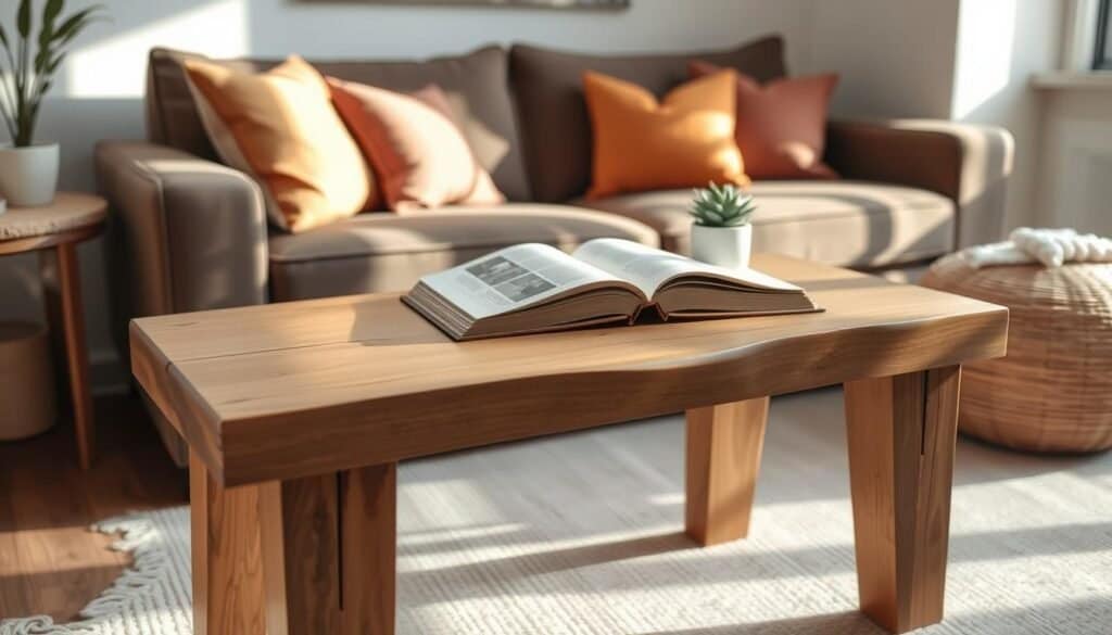 A beautifully crafted DIY wood couch side table styled with a rustic charm, featuring a smooth, polished surface and sturdy legs. The table is positioned in the foreground, displaying a small decorative plant and an open book resting on top. In the middle ground, a cozy living room setting is visible, with a comfortable couch and warm-toned throw pillows that enhance the inviting atmosphere. Natural light streams in from a nearby window, casting soft, warm shadows that create depth. The background shows a glimpse of light-colored walls and minimalistic art, maintaining an airy, well-lit ambiance. The overall mood is homely and practical, perfect for everyday use, evoking a sense of warmth and functionality in home décor and woodworking.