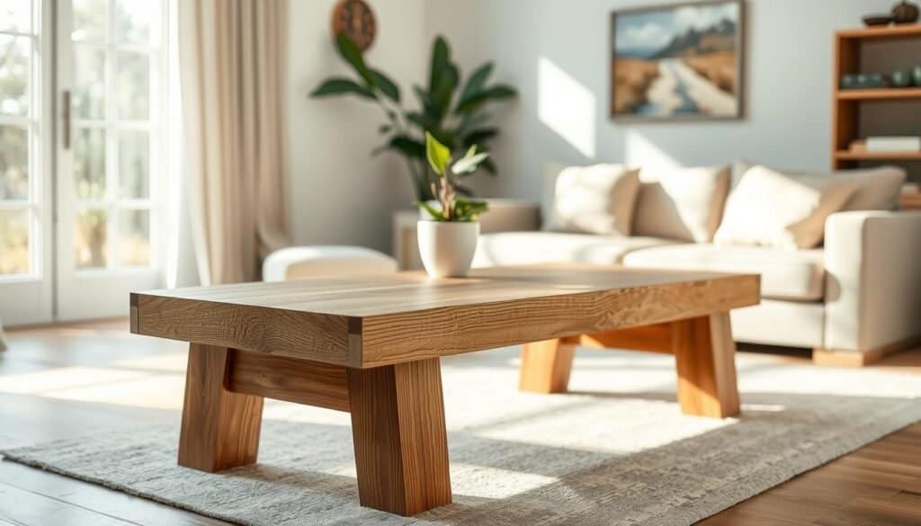 A beautifully crafted DIY wood couch table, showcasing a rustic design with smooth, polished oak wood and sturdy legs. The table, positioned front and center, features a minimalist style with clean lines and a warm, natural finish. In the background, a cozy living room setting with light-colored walls and soft furnishings enhances the atmosphere. Sunlight streams through a large window, casting gentle shadows and illuminating the table's grain. A potted plant sits artfully next to the table, adding a touch of greenery. The scene embodies a relaxed and inviting mood, inviting viewers to imagine themselves enjoying the beautifully functional furniture. The composition should be shot from a slight angle to capture the table’s dimensions and craftsmanship, using soft focus to draw attention to the table while keeping the background subtly detailed and airy.