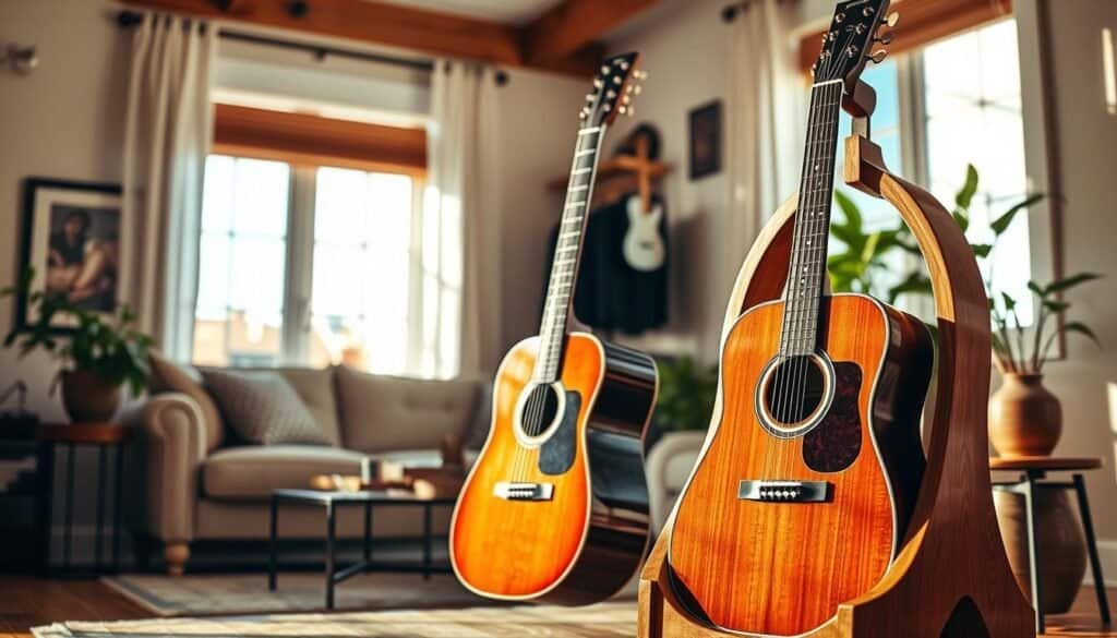 A beautifully crafted DIY wooden guitar display stands prominently in a cozy, well-lit living room. In the foreground, the guitar display showcases a stunning acoustic guitar, its polished wood gleaming under soft, natural sunlight filtering through a nearby window. The wooden frame is intricately designed with elegant curves and a warm finish, enhancing the guitar's aesthetic. The middle ground features plush furniture and tasteful décor, creating an inviting atmosphere. In the background, potted plants catch the light, adding a touch of greenery. The overall mood is warm and artistic, radiating a sense of craftsmanship and passion for music. The composition is captured from a slightly angled perspective, emphasizing the display's depth and craftsmanship, with bright natural lighting illuminating the scene.