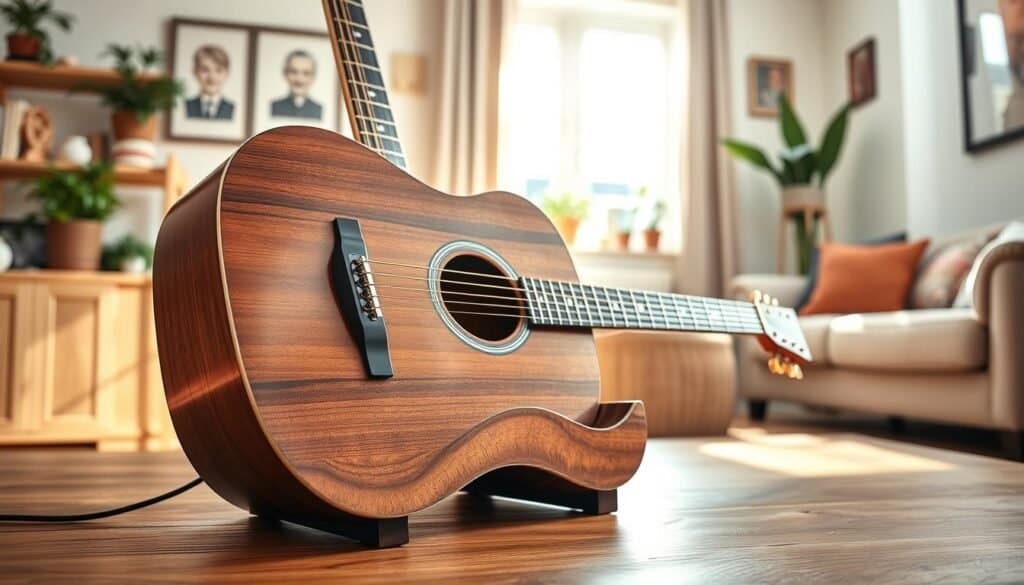 A beautifully crafted DIY wooden guitar holder displayed prominently in a cozy, lived-in living room. In the foreground, the holder is made from rich, polished walnut wood, featuring elegant curves and a smooth finish that showcases its craftsmanship. The middle ground includes a classic acoustic guitar resting gently in the holder, with its vibrant strings and polished body reflecting soft sunlight. In the background, a warm and inviting atmosphere is created with light-colored walls, potted plants, and comfortable furniture, suggesting a space where music lovers feel at home. The entire scene is illuminated by bright natural light streaming through a nearby window, enhancing the wood's texture and color. This image conveys a sense of creativity, warmth, and passion for music.