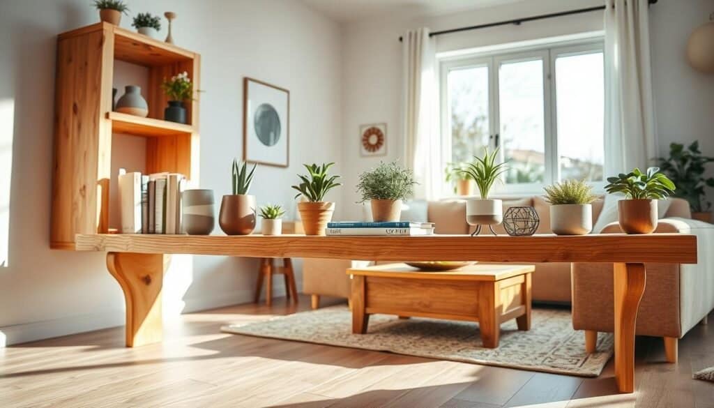 A beautifully crafted DIY wooden shelf displayed in a cozy living room setting. In the foreground, the shelf is made from natural, rustic wood with visible grain patterns and knots, featuring plants, books, and decorative items arranged artfully. In the middle ground, a warm and inviting sofa and a small side table can be seen, lending a homely vibe. The background showcases soft, neutral wall colors and a large window allowing bright, natural sunlight to fill the room, casting gentle shadows. The atmosphere is tranquil and inspiring, perfect for a home improvement project. The image is shot with a low angle perspective, highlighting the shelf's details and creating depth, with soft sunlight enhancing the warm wood tones, emphasizing the simplicity and charm of DIY wooden projects.