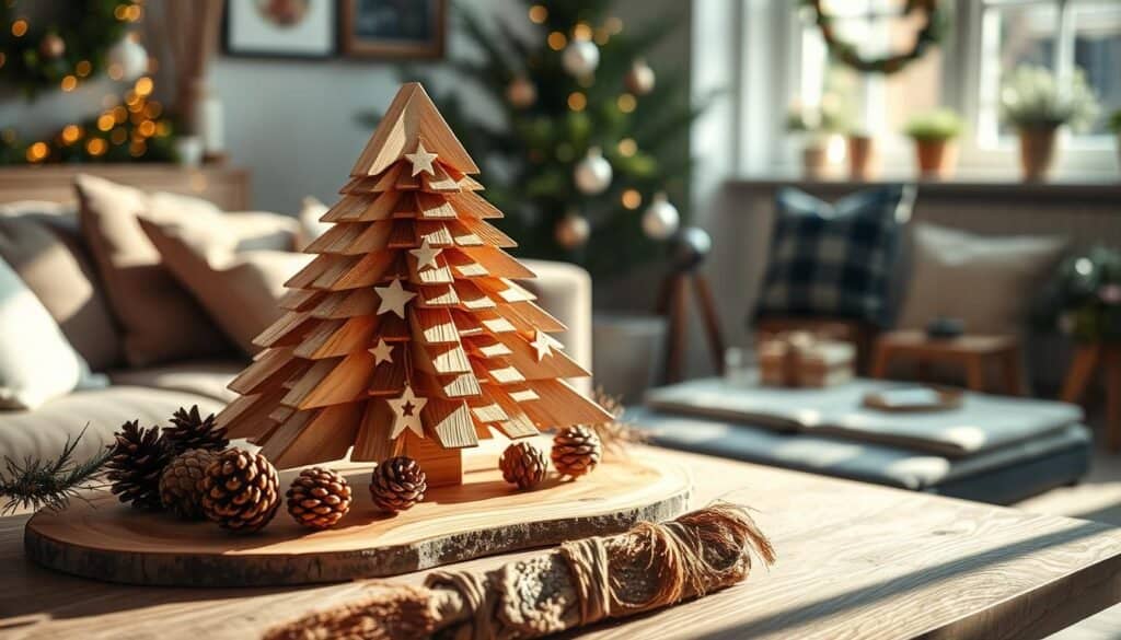 A beautifully crafted wooden Christmas tree display, featuring a minimalist design with layered wooden slats that resemble a stylized tree shape. The display is set on a rustic wooden table adorned with pinecones and twinkling fairy lights. In the foreground, soft sunlight casts gentle shadows, highlighting the natural grain of the wood, adding warmth to the scene. The middle ground showcases the tree embellished with handmade ornaments like small wooden stars and delicate bows. In the background, a softly blurred cozy living room setting with green plants and festive decorations enhances the festive atmosphere. The overall mood is warm and inviting, capturing the joy and creativity of DIY woodworking in a bright, airy, and well-lit environment.