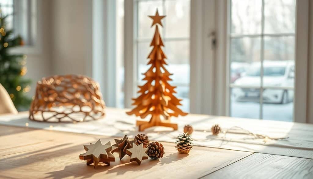 A beautifully crafted wooden Christmas tree display, featuring layers of intricately shaped wooden branches in various shades of brown and green, accentuated with natural grain textures. In the foreground, a smooth wooden tabletop showcases small decorative ornaments, including handmade wooden stars and rustic pinecones, evoking a cozy holiday spirit. The middle ground features the elegant wooden tree, sitting elegantly on a soft, white tablecloth, surrounded by twinkling warm fairy lights that cast a gentle glow. In the background, a softly blurred, sunlit window reveals a serene winter landscape, enhancing the peaceful atmosphere. The lighting is bright and airy, with soft sunlight illuminating the scene, creating an inviting and cheerful ambiance perfect for the holiday season. The overall mood is one of warmth, creativity, and the joy of handmade holiday decorations.