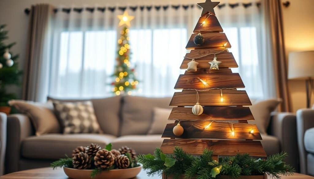 A beautifully crafted wooden Christmas tree display, set against a cozy living room backdrop. In the foreground, the tree is made from reclaimed wood, featuring a rustic finish with visible grain patterns, decorated with simple white lights and handmade ornaments. The middle scene showcases a festive arrangement of pinecones and sprigs of holly surrounding the base of the tree. In the background, soft sunlight streams through a window adorned with sheer curtains, casting a warm glow over the space and enhancing the inviting atmosphere. The image captures a sense of holiday cheer and the charm of DIY decor, evoking feelings of warmth and nostalgia. The composition is shot from a slightly elevated angle to emphasize the tree's height and craftsmanship, showcasing the intricacies of the wooden texture.