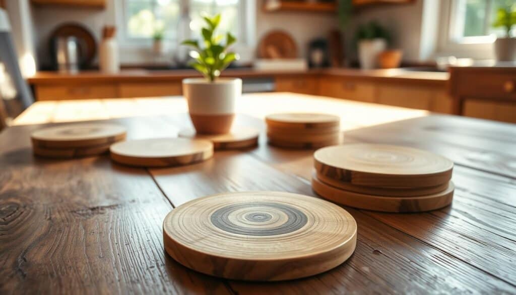 A beautifully crafted wooden coaster set arranged on a rustic wooden table. The coasters are circular, showcasing natural wood grain patterns and warm tones, exuding a cozy and inviting ambiance. In the foreground, a few coasters are stacked, while others lie flat, demonstrating their unique textures. The middle ground features a fresh potted plant, adding a touch of greenery. The background reveals a softly lit kitchen setting, with sunlight streaming through a nearby window, casting gentle shadows. The overall atmosphere is calm and creative, embodying the satisfying beginnings of a woodworking project. The lighting is bright and natural, enhancing the coasters' details and giving the image an airy feel.