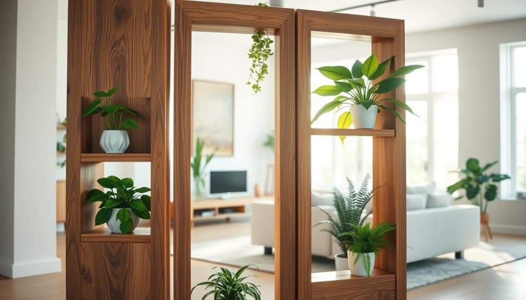 A beautifully crafted wooden room divider featuring integrated plant displays, showcasing a modern yet cozy aesthetic. In the foreground, the divider stands tall with intricate wood grain patterns, complete with small built-in shelves housing an assortment of vibrant green plants like pothos and ferns. The middle ground includes a softly lit, airy living space, enhancing the warmth of the wood. In the background, large windows allow bright natural light to cascade in, creating a welcoming atmosphere. The scene evokes a sense of tranquility and connection to nature, with soft sunlight filtering through the leaves, casting gentle shadows on the floor. The image should capture the elegance of this functional decor piece, in a realistic home setting, emphasizing its role in enhancing plant styling.