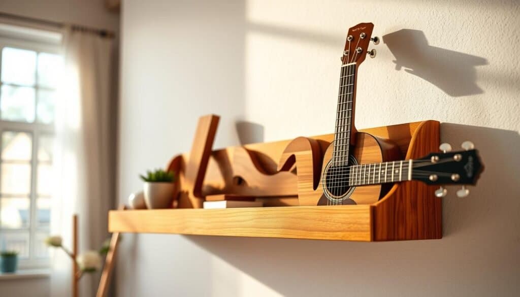 A beautifully crafted wooden shelf featuring the word "Love" elegantly carved into its face, paired with a stylish guitar holder. The shelf is made from rich, warm-toned wood with a polished finish, showcasing its intricate grain. In the foreground, the shelf holds a small potted plant and a few decorative items, enhancing its charm. The guitar holder, seamlessly integrated into the design, cradles an acoustic guitar with delicate craftsmanship. Soft natural light floods the scene, casting gentle shadows and highlighting the textures of the wood. The background features a blurred, airy room filled with bright sunlight, creating a serene and inviting atmosphere. The composition is shot from a slightly elevated angle, emphasizing both the shelf and the guitar holder in a cozy, inspirational setting.