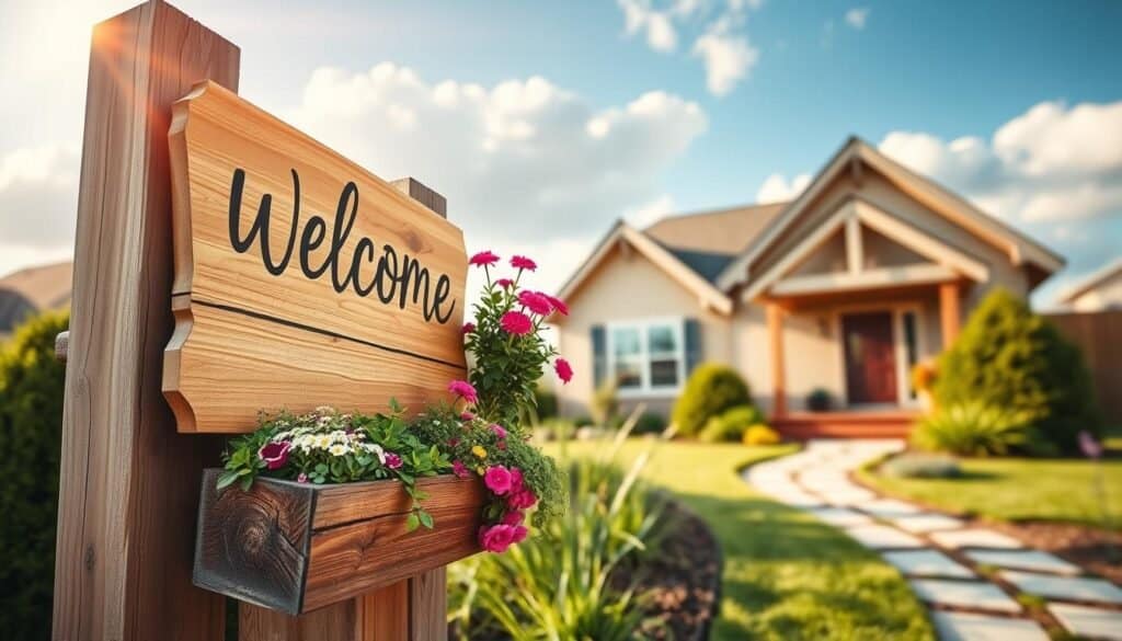 A beautifully crafted wooden welcome sign, featuring elegant lettering, is prominently displayed in the foreground. The sign is mounted on a rustic, weathered post, exuding a charming, handmade vibe. Integrated into the base of the sign is a sturdy planter overflowing with vibrant flowers and lush greenery, creating a burst of color. In the middle ground, a well-maintained garden path leads to a cozy home, hinting at inviting curb appeal. The background features a clear blue sky punctuated by soft, fluffy clouds, and gentle rays of sunlight illuminate the scene, casting a warm glow over the entire composition. The atmosphere is cheerful and welcoming, capturing the essence of DIY home décor in a serene neighborhood setting.