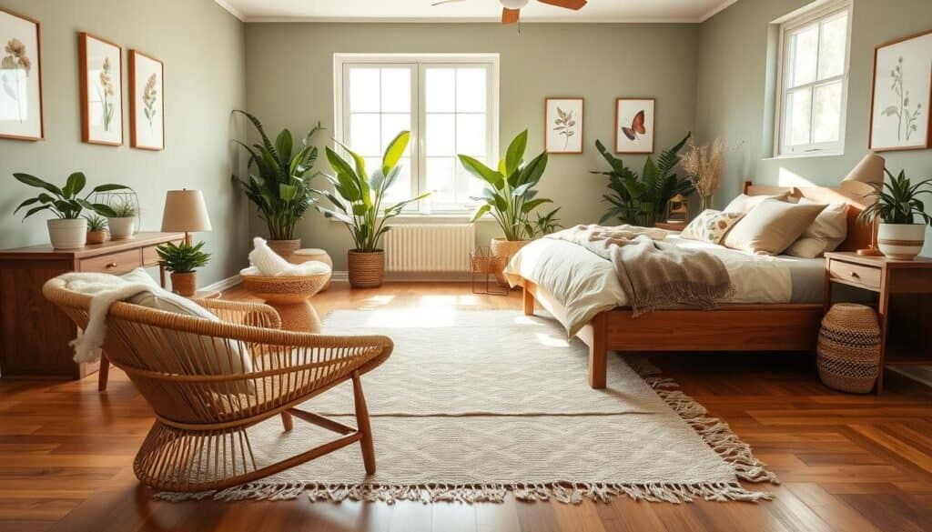 A beautifully decorated earthy bedroom with natural elements, showcasing a wooden bed frame adorned with plush, neutral-toned bedding. In the foreground, a woven rattan chair sits next to a small wooden bedside table, topped with a potted succulent and an artisanal lamp. The middle of the room features a soft, organic cotton area rug that complements the warm wooden floors. Large windows at the back allow bright, soft sunlight to fill the space, creating an airy atmosphere that enhances the earthy tones of the decor. The walls are painted a calming sage green, adorned with botanical prints. Incorporate lush indoor plants in the background, providing a touch of greenery and vitality, while maintaining a serene and inviting mood. Use a wide-angle lens to capture the entire room, with warm, natural lighting to highlight the cozy ambiance.