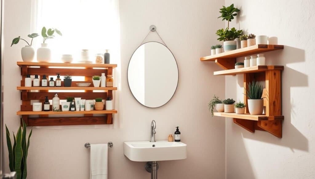 A beautifully designed bathroom featuring DIY pallet shelves. In the foreground, display rustic wooden shelves made from repurposed pallets, showcasing neatly organized toiletries, plants, and decorative items. In the middle, a chic washbasin with modern fixtures complements the natural aesthetic. The background includes a lightly textured wall painted in soft pastels, with a large window allowing bright, natural light to illuminate the space, creating an inviting atmosphere. Soft sunlight filters through sheer curtains, enhancing the airy feel. The scene is shot from a slightly elevated angle, emphasizing the verticality of the shelves while providing a comprehensive view of the bathroom's stylish and functional design. The overall mood is warm and welcoming, ideal for a modern home.