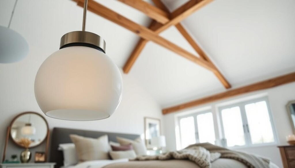A beautifully designed bedroom featuring modern lighting that complements a vaulted ceiling. In the foreground, a striking statement pendant light, made of frosted glass and brushed metal, hangs elegantly, illuminating the space with soft, warm light. The middle ground showcases a tastefully furnished bedroom with a cozy bed adorned with pastel-colored pillows and a textured throw blanket. Natural light streams through large windows, casting gentle shadows. In the background, the vaulted ceiling is framed by exposed wooden beams, adding a rustic charm to the modern aesthetic. The overall atmosphere is serene and inviting, with bright natural light enhancing the airy feel of the room, creating a grounding yet stylish ambiance perfect for relaxation.