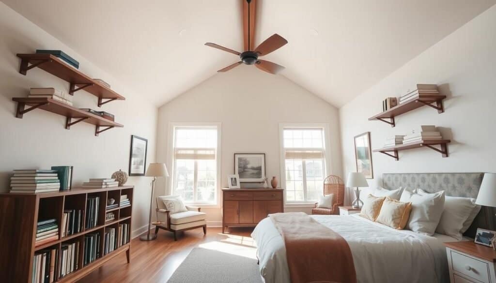 A beautifully designed bedroom featuring vaulted ceilings, showcasing thoughtful storage solutions. In the foreground, elegant wooden shelves are mounted on the walls, filled with neatly arranged books and decorative boxes. In the middle ground, a stylish dresser with multiple drawers complements a cozy reading nook with soft cushions. Behind, expansive windows allow soft, natural sunlight to filter in, illuminating the airy space. The color palette consists of calming earth tones and pastel accents, creating a serene atmosphere. A light, textured area rug adds warmth to the hardwood floor. The overall mood is peaceful and organized, reflecting a perfect balance of functionality and aesthetics in home décor. The angle captures the height of the ceilings, emphasizing the spaciousness while ensuring the space feels inviting.