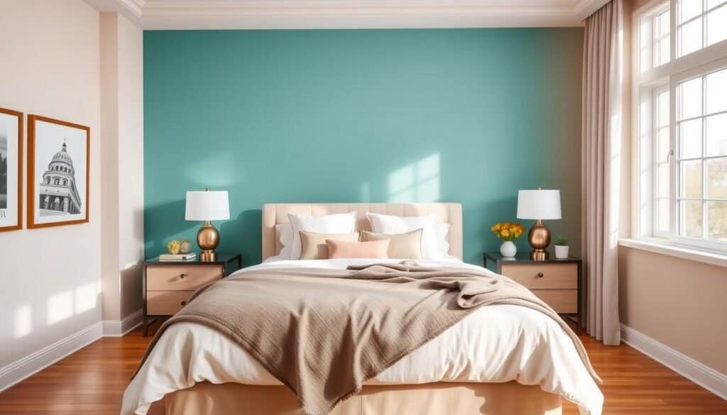 A beautifully designed bedroom showcasing various color schemes with a striking accent wall. In the foreground, an inviting bed with neatly arranged pillows and a cozy throw blanket. The middle features a stylish accent wall painted in a rich teal, complementing soft beige surroundings. On either side, tastefully decorated nightstands with modern lamps create a balanced look. The background reveals large windows allowing bright, soft natural light to flood the room, enhancing the airy atmosphere. The flooring is a warm wood, adding a touch of elegance. Overall, the scene conveys a harmonious blend of colors that evokes a sense of tranquility and completeness, ideal for a serene bedroom retreat.