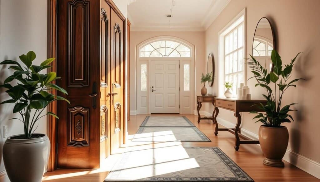 A beautifully designed entryway showcasing a warm, inviting space. In the foreground, a polished wooden door with elegant carvings opens slightly, revealing soft sunlight streaming in. On either side, potted plants add a touch of greenery, their leaves gently illuminated. The middle ground features a spacious hallway adorned with a subtle patterned rug and a stylish console table, topped with decorative items like candles and a vase of fresh flowers. In the background, large windows allow natural light to flood the area, highlighting the soft hues of the walls and creating an airy atmosphere. The image captures a sense of welcoming tranquility, emphasizing the structural beauty of the entryway and the transitions of the home.