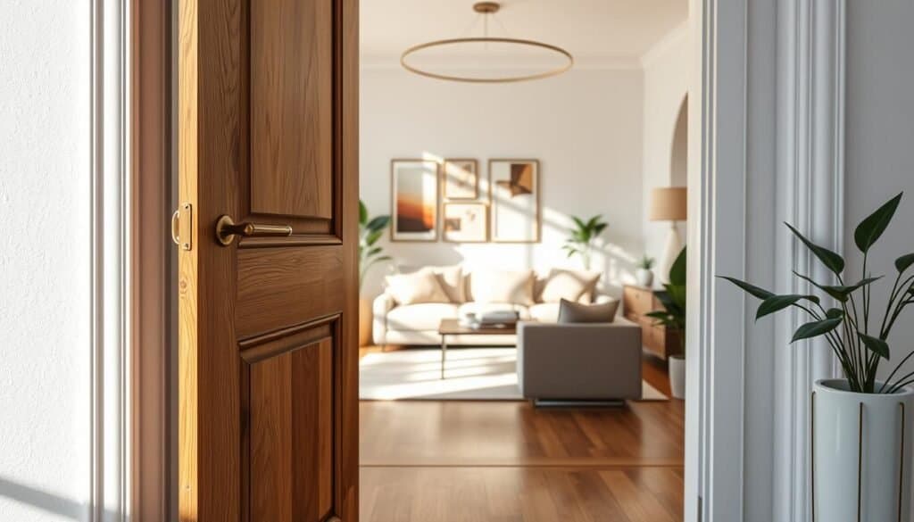 A beautifully designed front door opening into a cozy living room layout, showcasing smart and inviting spatial solutions. In the foreground, a stylish wooden door with a sleek handle, partially ajar, allows a glimpse into the room. The middle ground features a softly-lit living space with a plush sofa adorned in calming, neutral tones, complemented by an elegant coffee table. A large window lets in bright, natural light, casting soft shadows and creating a warm atmosphere. In the background, tasteful artwork hangs on the walls, and indoor plants add a touch of greenery. The scene captures a serene and comfortable vibe, evoking a sense of homey tranquility, perfect for inspiring calm living. The lighting is bright, natural, and airy, emphasizing a well-organized and welcoming environment.