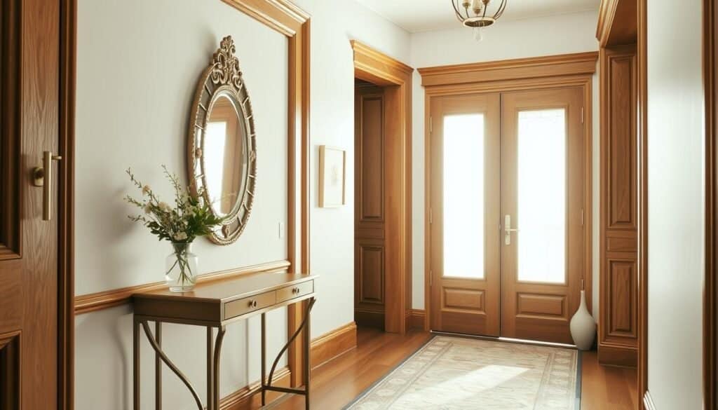 A beautifully designed home entryway featuring intricate woodwork and elegant decorative elements. In the foreground, a small, stylish console table with a minimalist vase holding fresh flowers rests against the wall. The middle ground showcases an ornate mirror reflecting soft sunlight, complementing the warm wooden tones of the entrance. Delicate wall art adds personality, while a carefully placed rug emphasizes the space. In the background, a welcoming door with subtle detail and stylish hardware invites guests in. The scene is bathed in bright, natural light that enhances the airy atmosphere, creating a serene and inviting mood, captured with a wide-angle lens to encompass the harmonious layout.