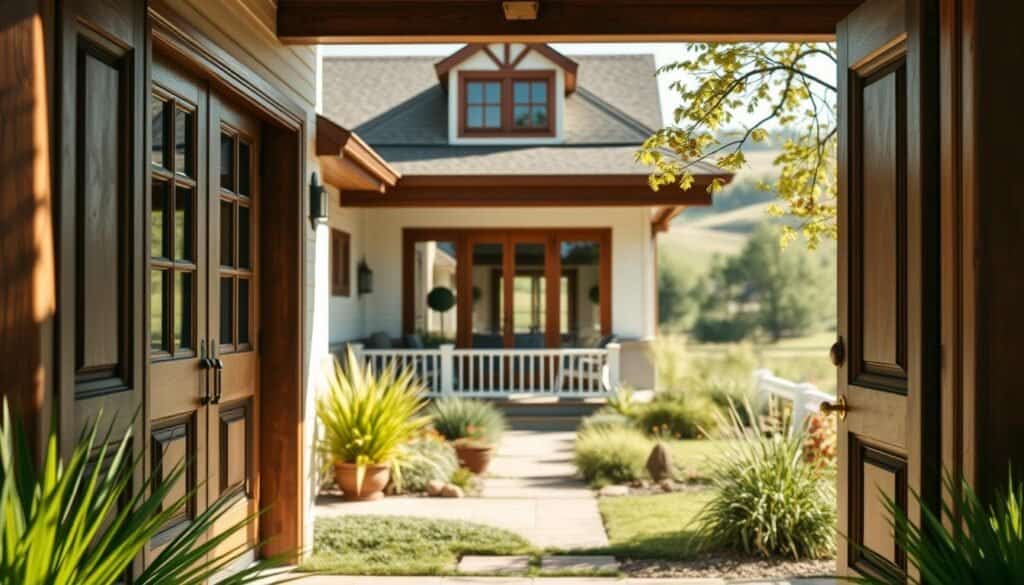 A beautifully designed home exterior that harmonizes regional influences, showcasing a blend of classic and contemporary elements. In the foreground, elegant wooden doors framed by intricate woodwork set a welcoming tone. The middle ground features large, energy-efficient windows reflecting soft sunlight, while a charming porch extends into a well-manicured yard adorned with native plants. In the background, rolling hills add depth, with gentle trees swaying in a light breeze. The scene is bathed in bright, natural light, creating a fresh and airy atmosphere. The angle captures the home from a slightly elevated perspective, emphasizing its grandeur yet cozy feel, ideal for an article on timeless architectural choices. No people present, ensuring a focus on the design elements.