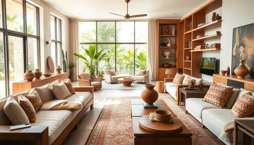 A beautifully designed interior space showcasing the cultural influences on home flow. In the foreground, rich wooden furnishings inspired by traditional haciendas blend seamlessly with sleek modern elements like minimalist decor and open shelves. The middle ground features a spacious living area with large windows allowing bright natural light to flood in, highlighting soft textures and elegant patterns in textiles. Cultural artifacts, such as pottery and woven rugs, adorn the space, reflecting a harmonious fusion of styles. In the background, lush greenery can be seen through the windows, suggesting a connection to nature. The lighting is soft and airy, creating a warm and inviting atmosphere. Capture this scene from a slightly elevated angle, emphasizing depth and flow within the space.