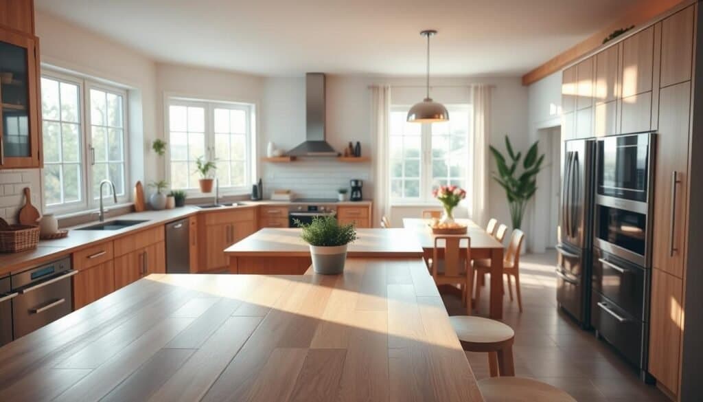 A beautifully designed kitchen layout that fosters connection, featuring a modern and inviting open-concept space. In the foreground, a large wooden kitchen island with bar stools invites interaction. The middle ground showcases high-quality cabinetry, stainless steel appliances, and warm wooden accents, all bathed in soft, natural light filtering through expansive windows. The airy atmosphere is enhanced by potted herbs on the countertop and a vase of fresh flowers. In the background, a cozy dining area complements the kitchen, emphasizing a sense of togetherness. The scene captures the essence of warmth, using soft lighting and a bright color palette to create an inviting mood. The angle is slightly elevated, showcasing the flow and connection between the kitchen and dining spaces, perfect for family gatherings and friendly get-togethers.