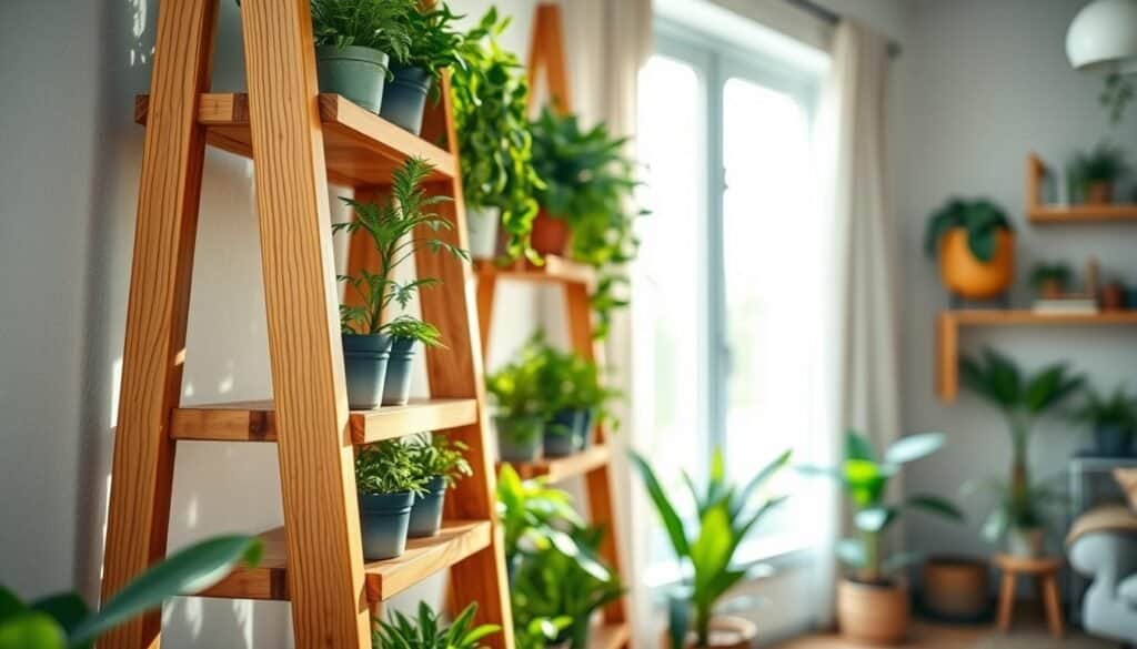 A beautifully designed ladder shelf made of warm, natural wood, showcasing a variety of vibrant green indoor plants. In the foreground, the shelf features multiple tiers filled with potted plants of varying heights and shapes, each adding a touch of life and color. The middle section of the image captures the textured grain of the wood, under soft, diffused sunlight filtering through a nearby window, creating a warm and welcoming atmosphere. In the background, softly blurred hints of a cozy indoor space are visible, with neutral-toned walls and decorative elements that enhance the natural aesthetic. The overall mood is serene and inviting, perfect for showcasing creative plant displays in a stylish home environment. The scene is bright and airy, inviting viewers to appreciate the harmony between wood and greenery.